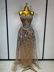 Sexy strapless mesh crystal maxi dress with floor-length sheath silhouette – Amara style.