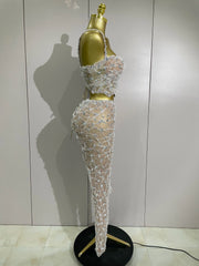 Shine in the Diane rhinestone lace halter top and wide-leg pants set. Elegant two-piece outfit for parties, birthdays, and special occasions.