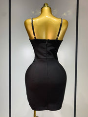 Mary V neck beaded black mini bandage dress for women. Elegant luxury party outfit for clubs, birthdays, and evening events.