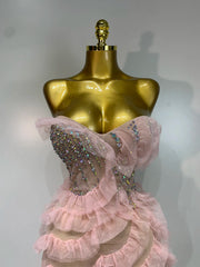 Shannon Sexy Strapless Pink Diamonds Ruffled Mesh See Through Birthday Dress