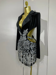 Naomi black hollow-out mini dress with diamond accents and tassels for women’s evening parties, birthdays, or stage events.