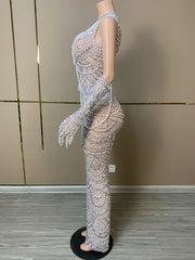 Noelle sparkly pearl rhinestone prom dress with gloves elegant mesh gown.