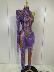 Dayla Sparkle Diamond Purple Tassel One-Shoulder Mesh Jumpsuit