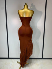 Angela strapless rhinestone cut out bandage dress for women. Sexy luxury bodycon outfit for birthdays, prom, parties, and evening events.