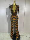 Lisa leopard print V-neck maxi dress featuring sparkling rhinestone embellishments for a glamorous evening look