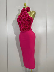 Kairi halter backless bodycon dress with 3D flower appliqués for women’s birthday, cocktail, or stage wear.