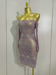Luxury Sparkly Rhinestones Chain Sexy Mesh Purple Mini Dress With Gloves Women Evening Birhthday Party Nightclub Stage Costume