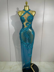 Zuri sleeveless transparent mesh long dress with intricate diamond and sequin patterns for a sparkly luxury evening look.