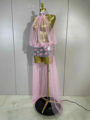 Almira Sparkly Rhinestone Pearl Mirror Mesh Long Tail Dress for Women
