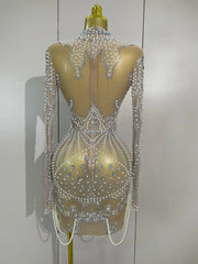 Brenda short mesh dress with pearls and sparkling diamond details for elegant party wear.