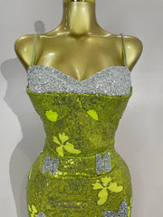 Liora butterfly crystal sexy halter green bodycon long dress with crystal details and slim-fit design.