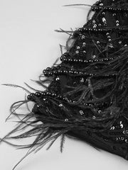 Black strapless mini dress with pearl chains, sequins, feathers, and geometric embellishments for homecoming, cocktail, and evening parties.