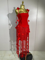 Red strapless long bandage dress with tassel details for women’s party, birthday, and evening wear.