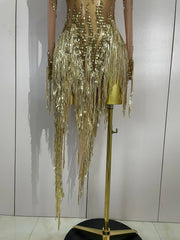 Nina sexy sparkly rhinestone golden sequins tassel mesh dress for women party evening