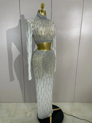 Ivy white rhinestone mesh two-piece long dress set with sparkling sheer detailing