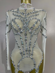 Grace sparkly diamond sequin long sleeve mesh see-through jumpsuit for nightclub and stage performance styling