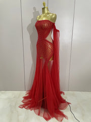 Makayla sparkly rhinestone pearl strapless mesh dress with rhinestone and pearl details for women.
