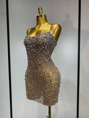 Cassandra sleeveless rhinestone bodycon mini dress for women. Sexy sparkly outfit for birthdays, nightlife, and stage wear.