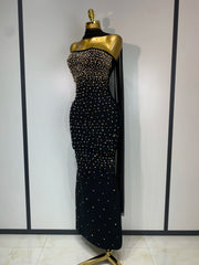 Demi luxury beaded strapless bandage bodycon dress with mesh scarf