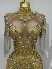 Kamryn luxury diamond tassel mesh see-through dress for women’s evening, birthday, or stage performances.