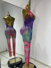 Debra sparkly rhinestone colorful print mesh halter backless jumpsuit for festival and party styling