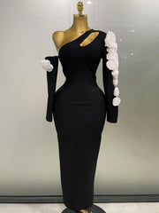 One shoulder floral keyhole bodycon bandage maxi dress.