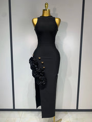 Black applique long bodycon bandage dress with sleeveless slim fit
