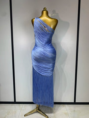 Criselda one-shoulder tassel bandage dress featuring a fitted bodycon silhouette and statement tassel details