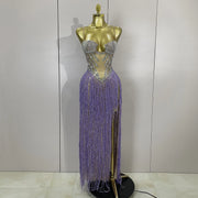 Cleo sheer mesh long dress with rhinestones, glitter, and tassel details for women’s evening, club, or stage wear.