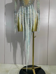 Riza rhinestone tassel long sleeve mesh mini dress for women. Sexy party outfit for Latin dance, nightclub, and club events.