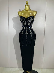 Strapless sparkly diamond long bodycon bandage dress for women, luxury evening and birthday wear.