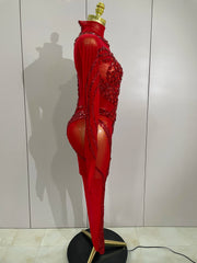 Luxury sheer rhinestone mesh jumpsuit with glittering diamonds and sequins for festival or stage wear.