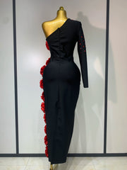 Keona black one-sleeve bandage dress – elegant slim-fit evening gown for women.