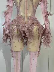 Envious Designs Alicia luxury embroidery sexy long sleeves mesh stretch jumpsuit with sparkly diamond detailing