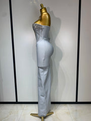 Jasmine strapless grey bandage dress with beading details and backless design for evening parties.