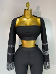 Jill Sexy Long Sleeve Beaded Black Bodycon Bandage Three-Piece Set