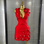 Flora Sleeveless Sexy V-Neck Florals Bodycon Mini Bandage Dress