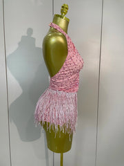 Tiana sparkly pink rhinestone pearl V-neck short mini dress – elegant party dress for women.
