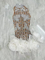 Teyana handmade shining rhinestone pearl feather lace prom gown for women.