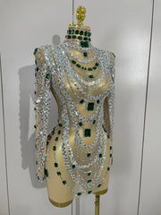 Sparkly mesh see through mini dress with diamond accents and long sleeves