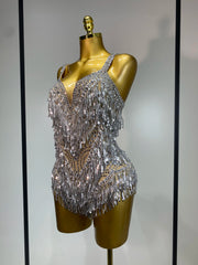 Anne sparkly rhinestones sequins tassel see through bodysuit