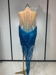 Christy blue mesh mini dress with sapphire rhinestones and cascading tassels for a sparkly evening look.