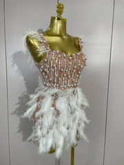 V neck mini bodycon dress with pearl beading and feather detailing