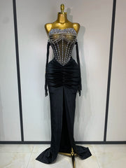 Kyndall strapless rhinestone bodysuit with skirt three-piece set for women’s evening parties, birthdays, and stage performances.