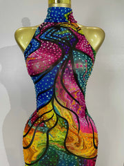 Felicia Colorful Rhinestone Print High Slit Sleeveless Long Dress