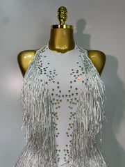 Danica sparkly rhinestones fringes leotard with tassel details for women.