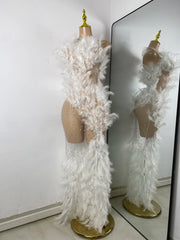 Elora rhinestone mesh feather gown sheer see-through long luxury prom dress.