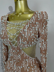 Jennifer luxury pearl beading chain long sleeve bodycon maxi dress for evening and party events.