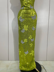 Liora butterfly crystal sexy halter green bodycon long dress with crystal details and slim-fit design.
