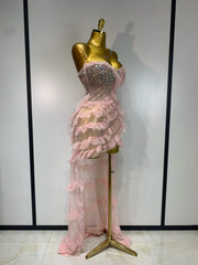 Shannon Sexy Strapless Pink Diamonds Ruffled Mesh See Through Birthday Dress